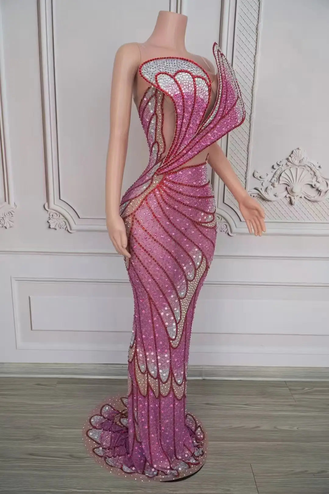 Women's Rhinestone Mesh Transparent Long Dress | Luxury Gown for Prom, Red Carpet & Birthday