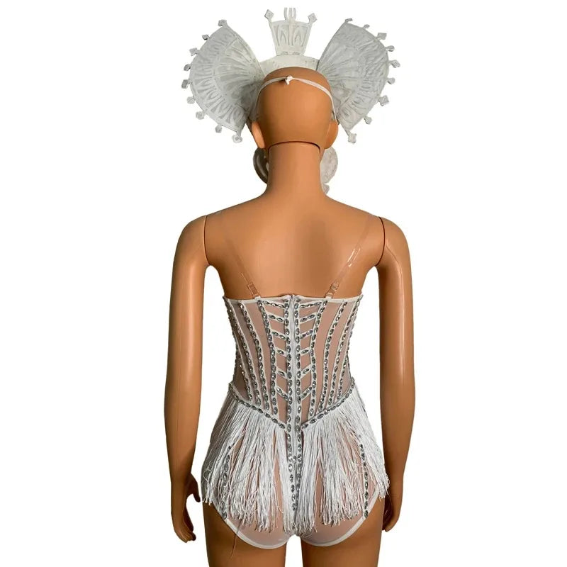 Rhinestone Fringe Bodysuit & Headpiece Set – Sparkly Rave Outfit, Gogo Dancer & Jazz Dance Costume for Women