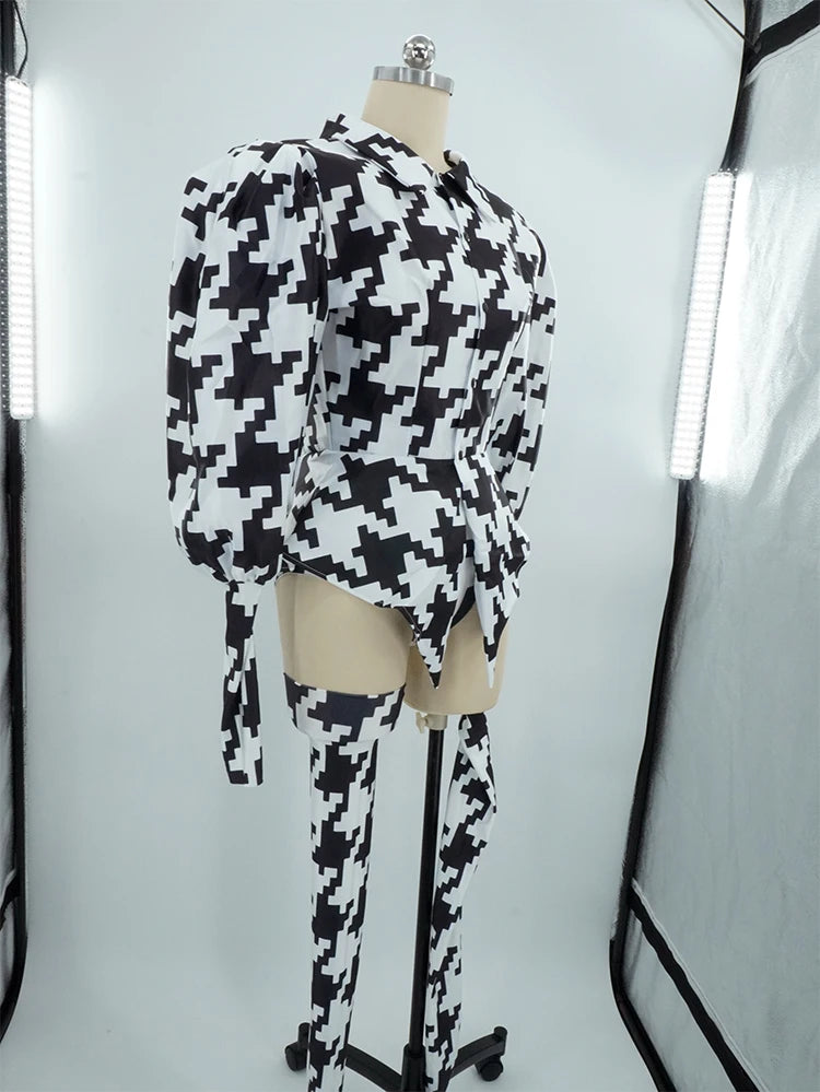 Houndstooth Geometric Print Bodysuit, Over-Knee Boots & Statement Hat 3-Piece Stage Costume Set