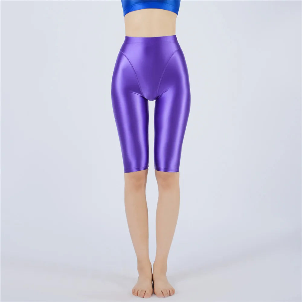 Oil Glossy High-Stretch Knee-Length Shorts Satin Shine Performance Biker Shorts