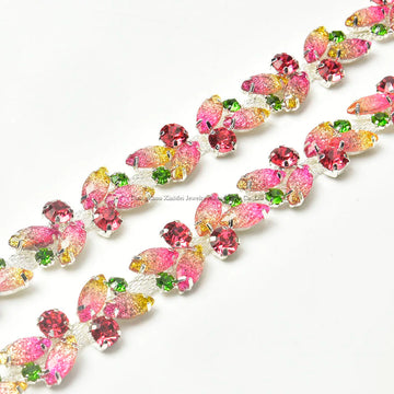 The Stardust Pink Blossom – Glitter Pink Leaf Glass Rhinestone Chain & Trim Applique