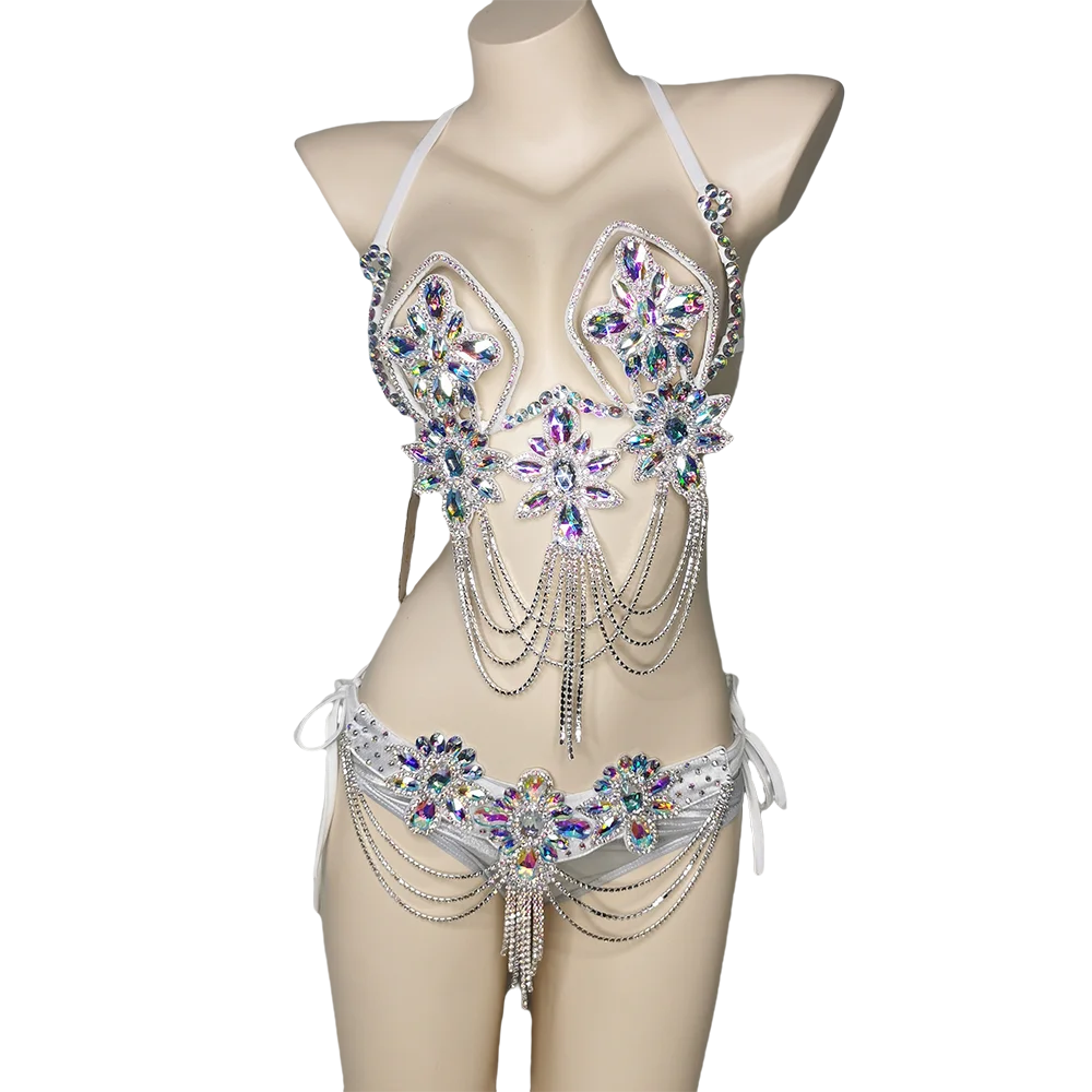 Handmade Samba Carnival Crystal Wire Bra, Panty & Belt 3-Piece Costume Set