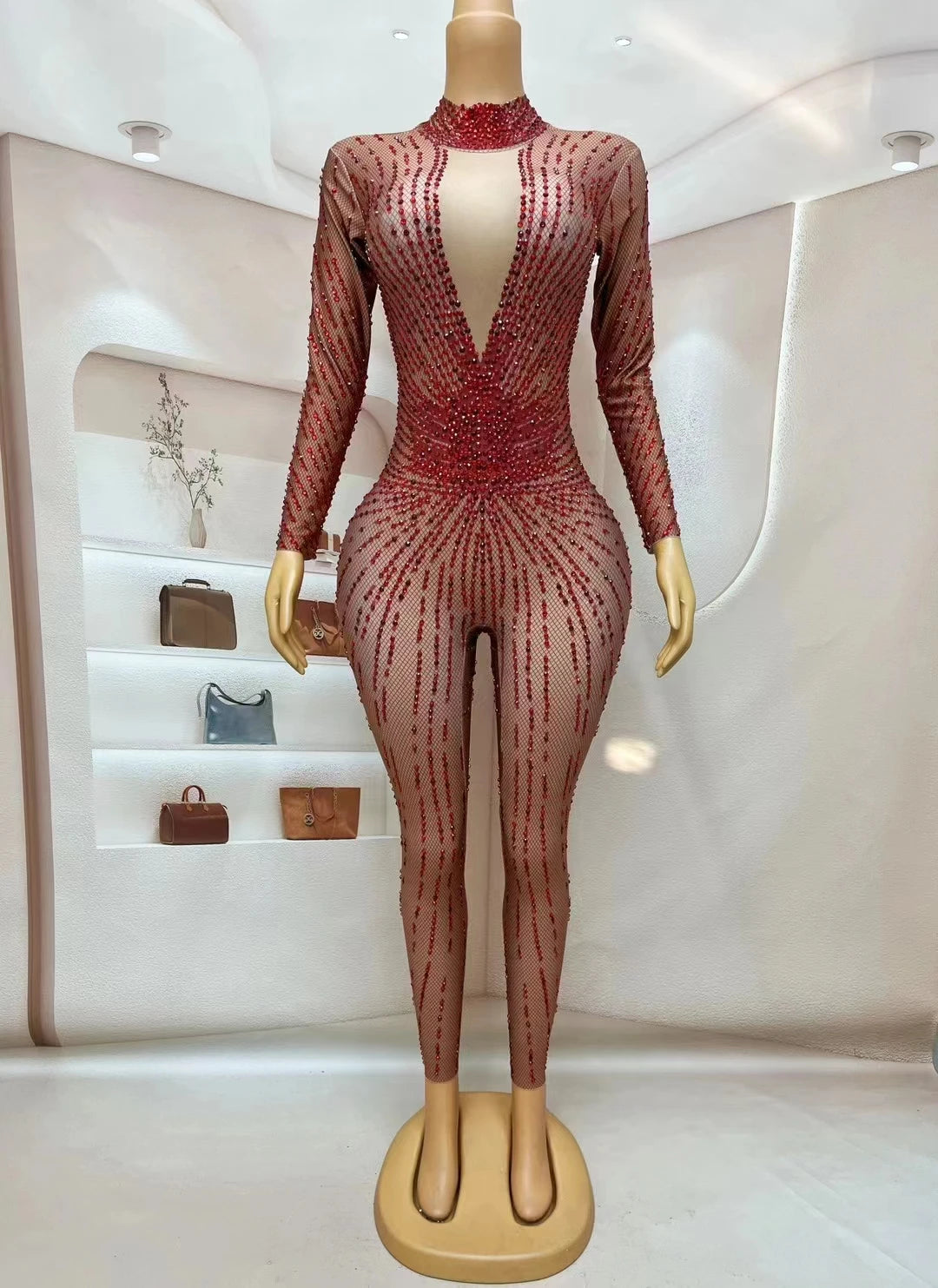 Crimson Red Rhinestone Catsuit Long Sleeve Illusion Stage Performance Jumpsuit