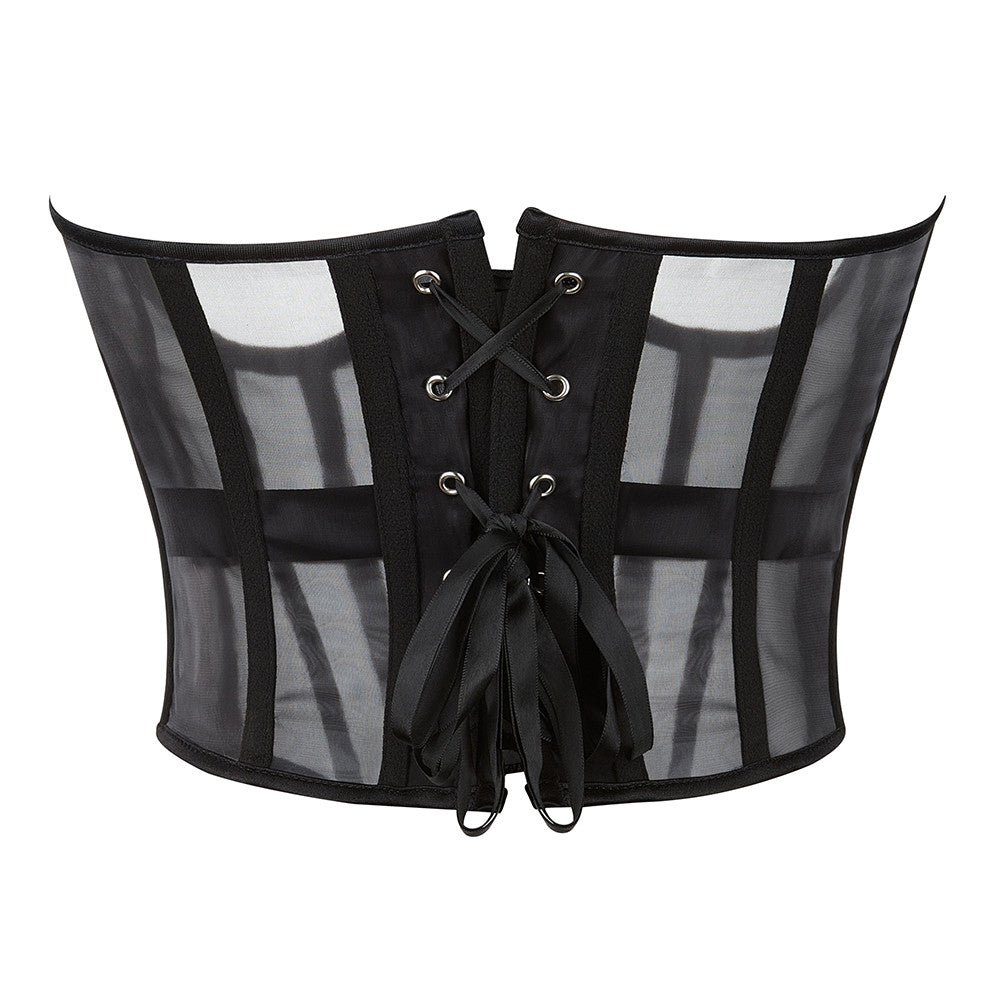 Transparent Sheer Mesh Underbust Corset Zipper Front Boned Waist Cincher Top