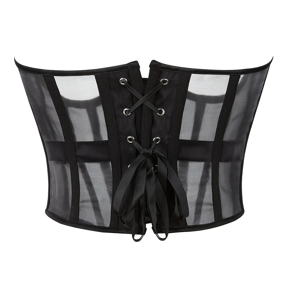 Transparent Sheer Mesh Underbust Corset Zipper Front Boned Waist Cincher Top