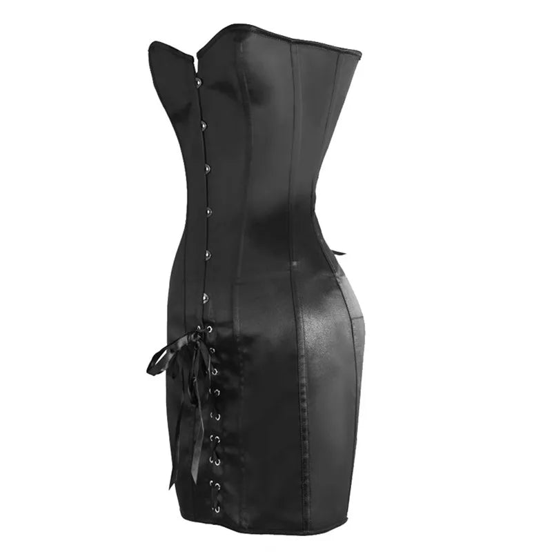Steampunk PU Leather Overbust Corset Dress & Long Torso Waist Trainer