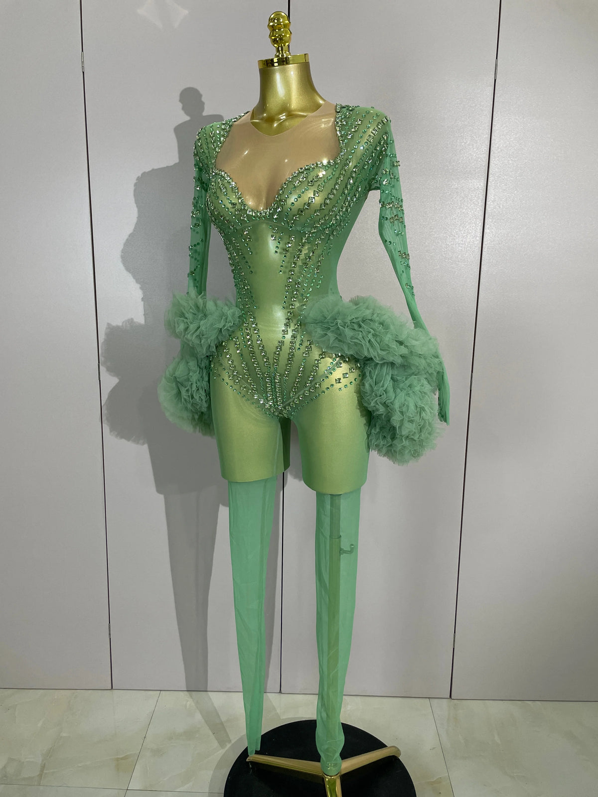 Green Rhinestone Mesh Performance Jumpsuit