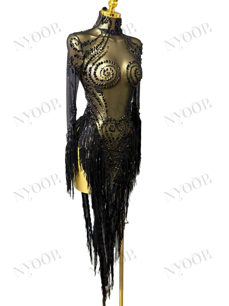 Black Rhinestone Fringe Illusion Mini Dress Sparkly Stage Dance Costume