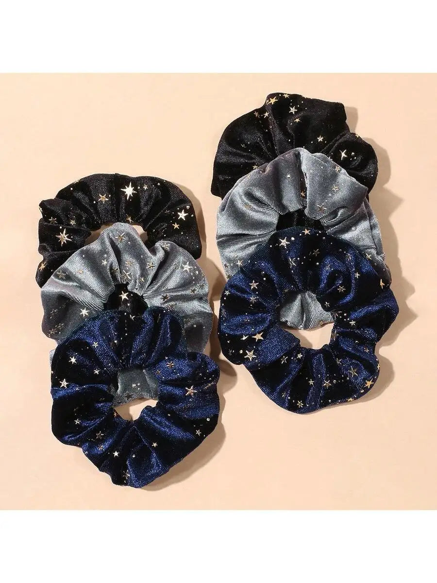 Vintage-Inspired Velvet Gold Star Hair Scrunchies 6-Piece Set