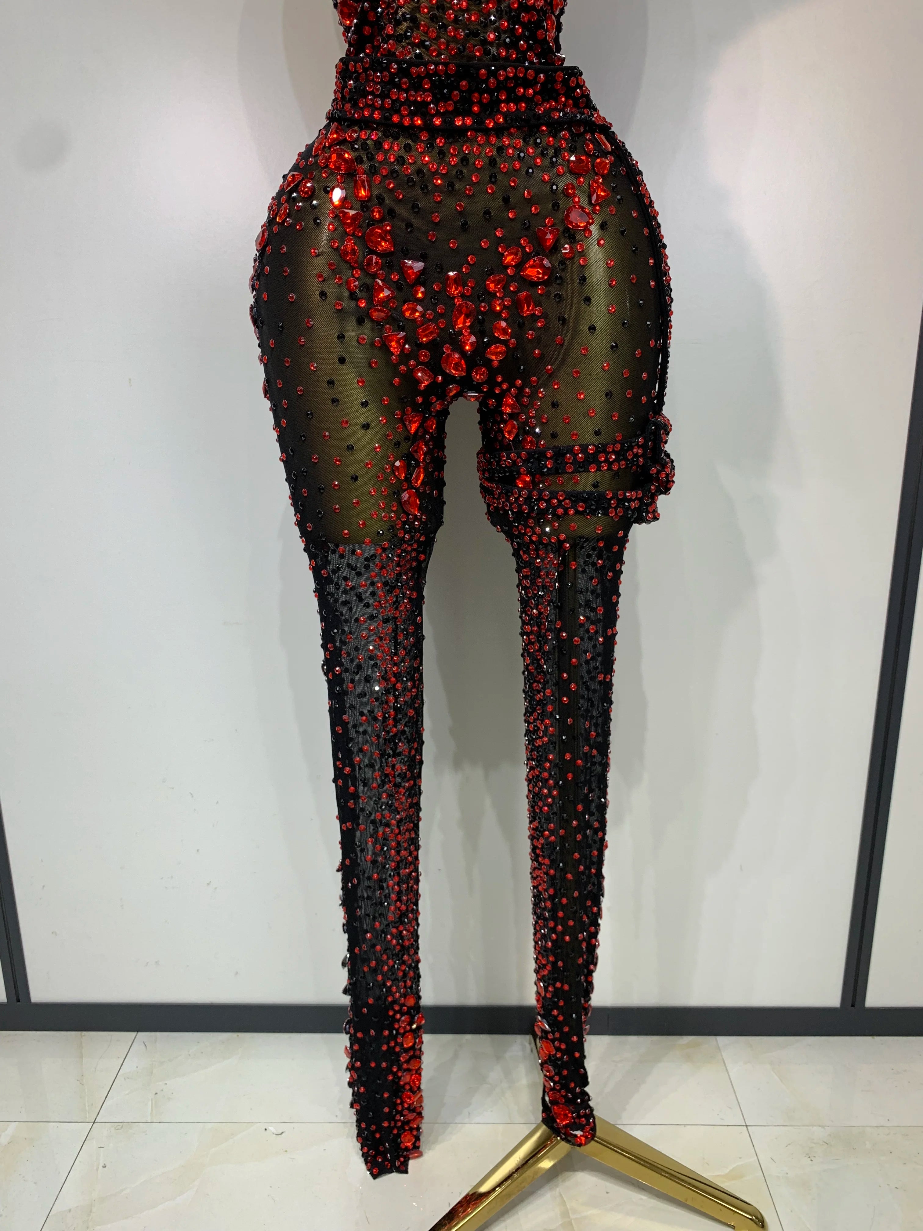 Crimson Diamond Rhinestone Catsuit Sheer Mesh Backless Jumpsuit Stage Costume