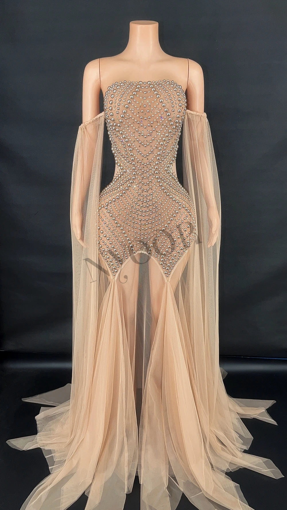 Rhinestone & Pearl Off-Shoulder Sheer Illusion Long Dress Gala Evening Costume