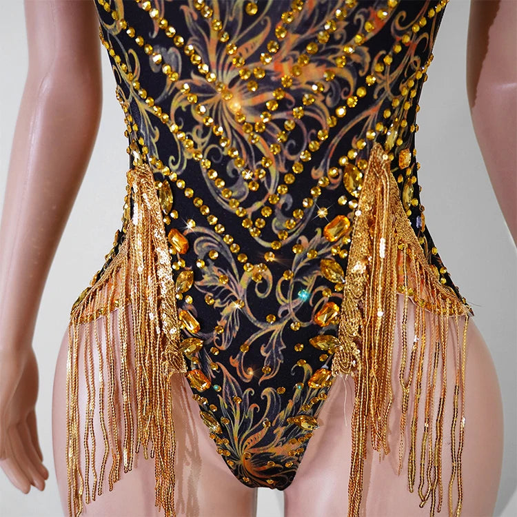 Gold Sequin Halter Bodysuit & Beaded Tassel Fringe Latin Dance Stage Costume