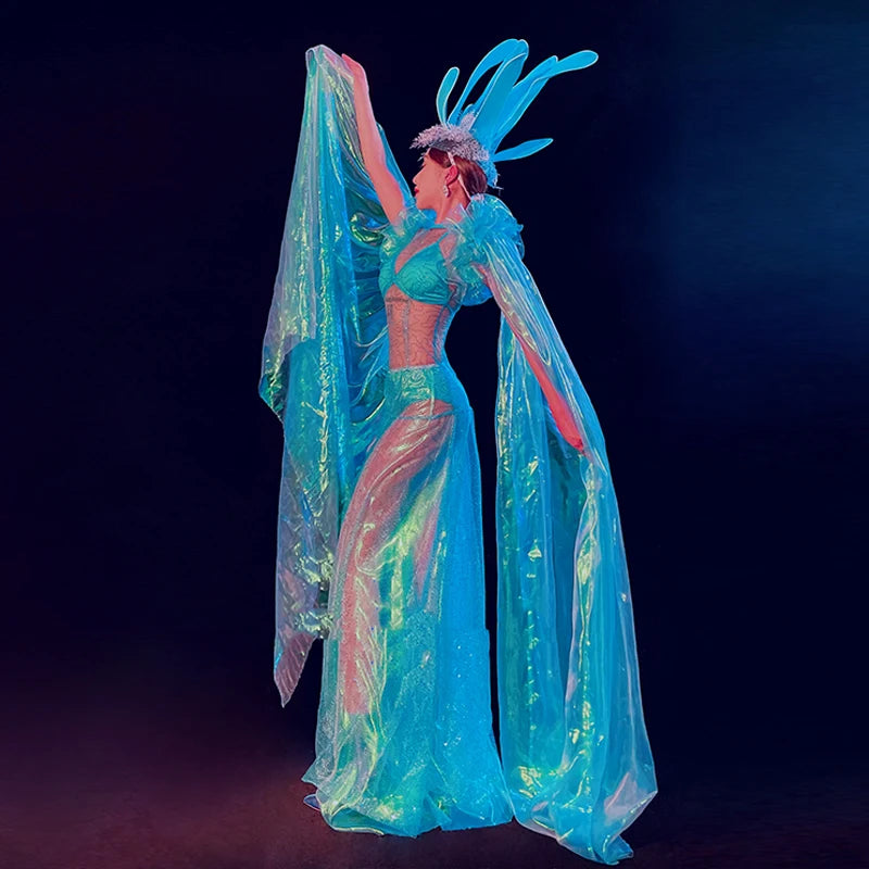 Siren of the Sea Sheer Ombré Gown & Sculpted Headdress Ocean Stage Costume Set