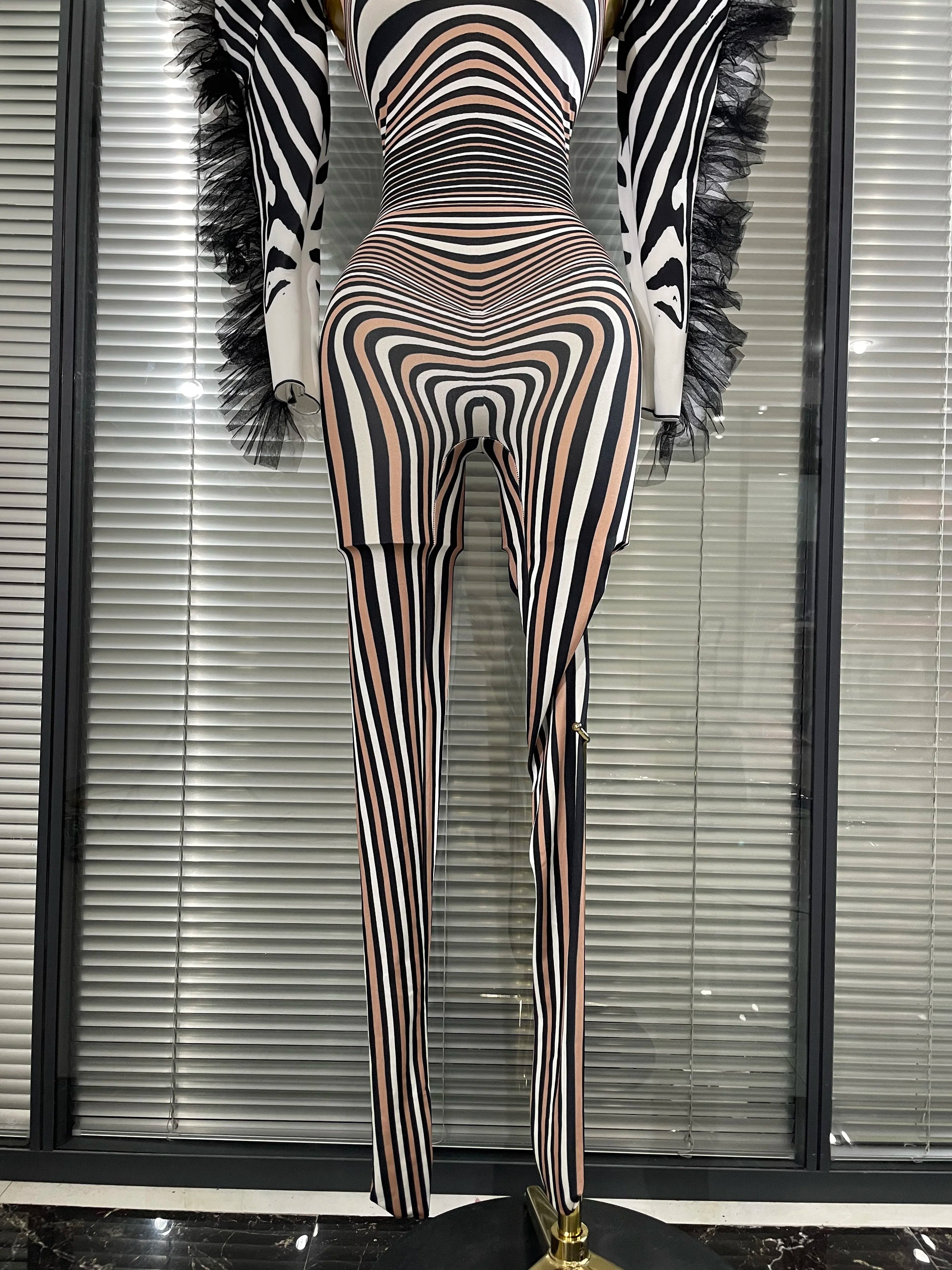 Zebra Print Illusion Catsuit & Feather Wing Bolero Jacket 2-Piece Stage Costume Set
