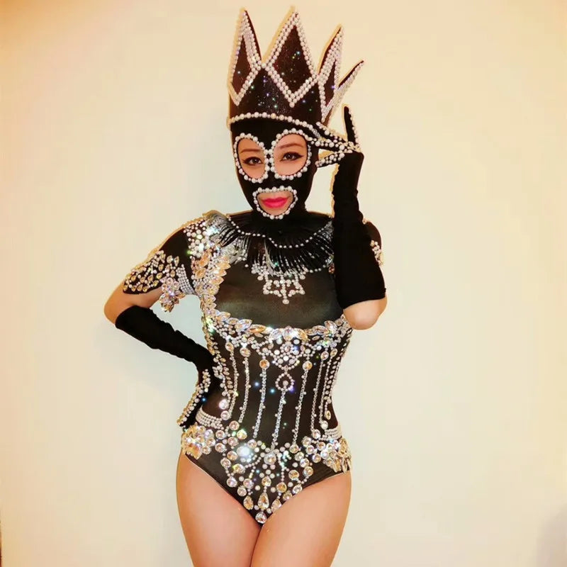 Pearl Rhinestone Bodysuit, Beaded Headpiece & Gloves 3-Piece Stage Costume Set