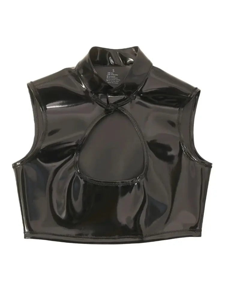 Sexy Women Double Sided Cheongsam Tank Top PU Faux Latex Leather Short Top PVC Elastic Glossy Shiny Stage Dance Wear Plus