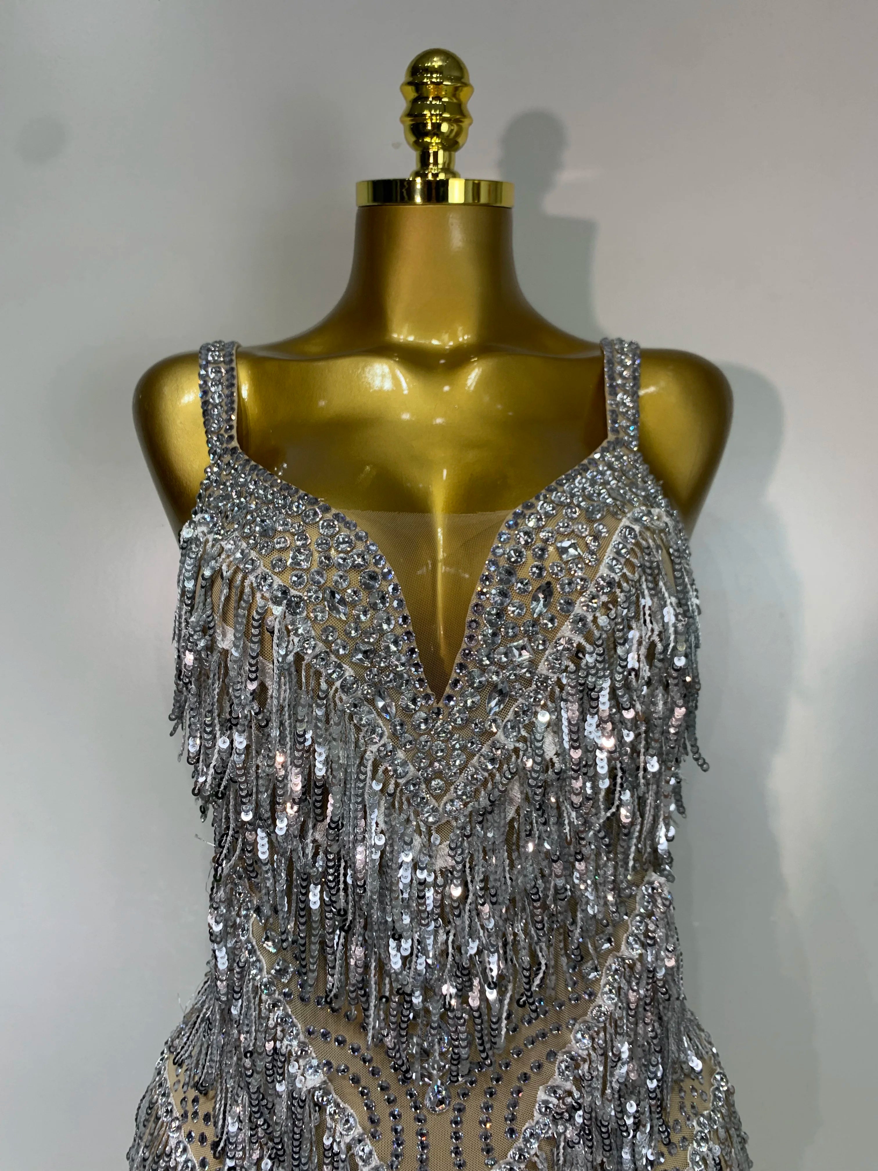 Sparkly Rhinestone Tassel Backless Mesh Bodysuit Luxury Stage Performance Costume