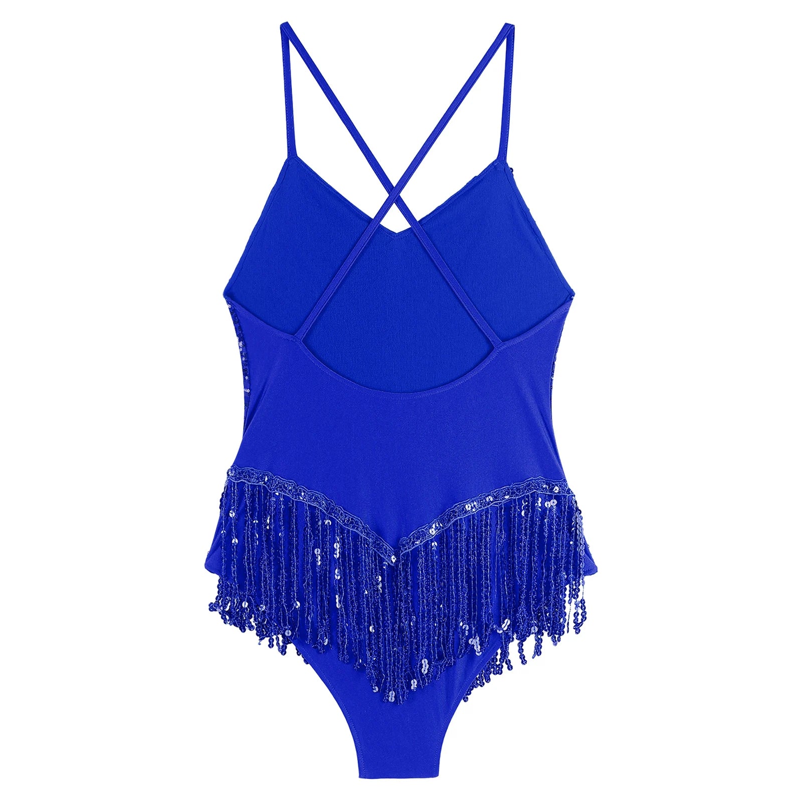 Sequins Fringed Cross Back Latin Dance Leotard Sleeveless V-Neck Bodysuit