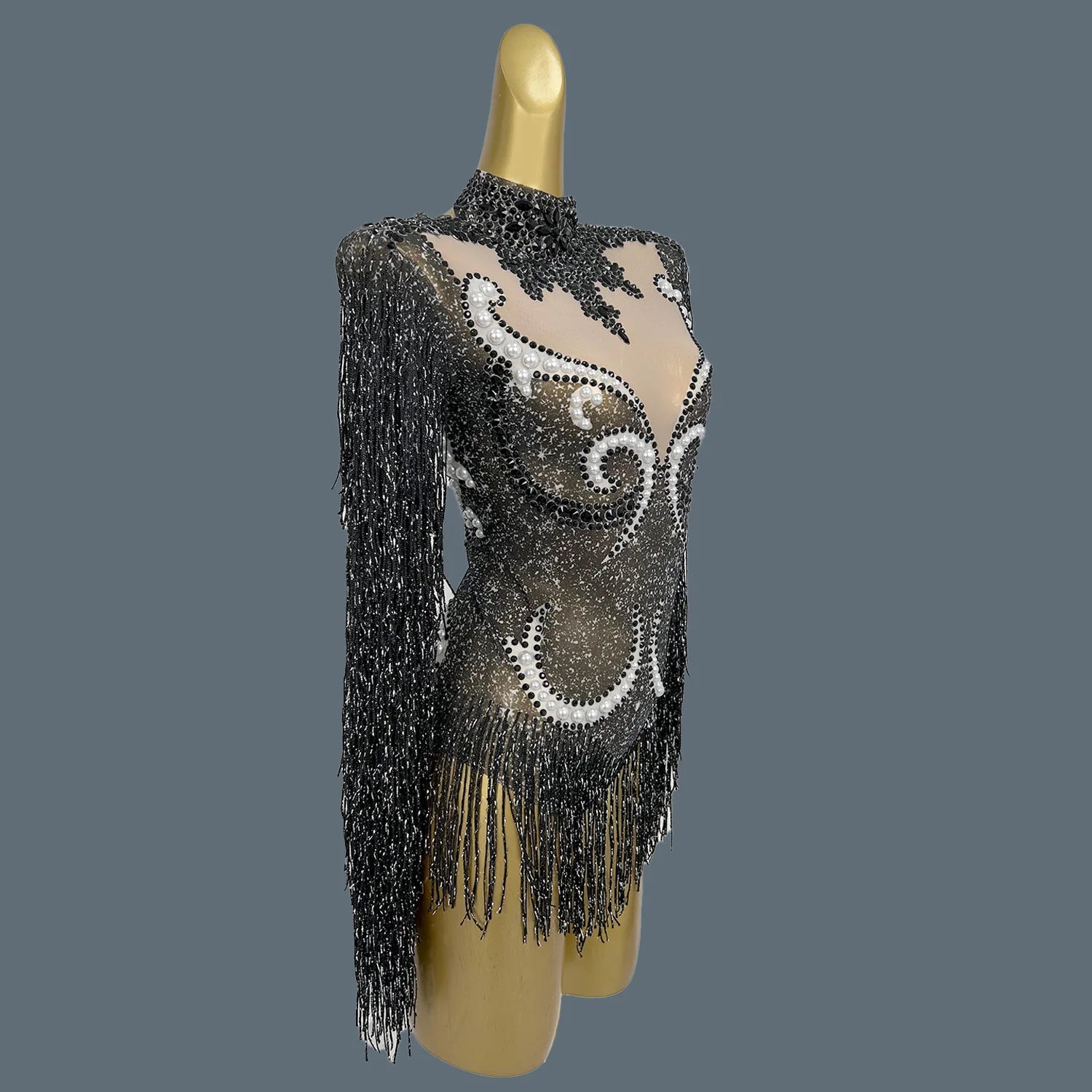 Pearl & Rhinestone Tassel Stage Costume Bodysuit Dance Leotard