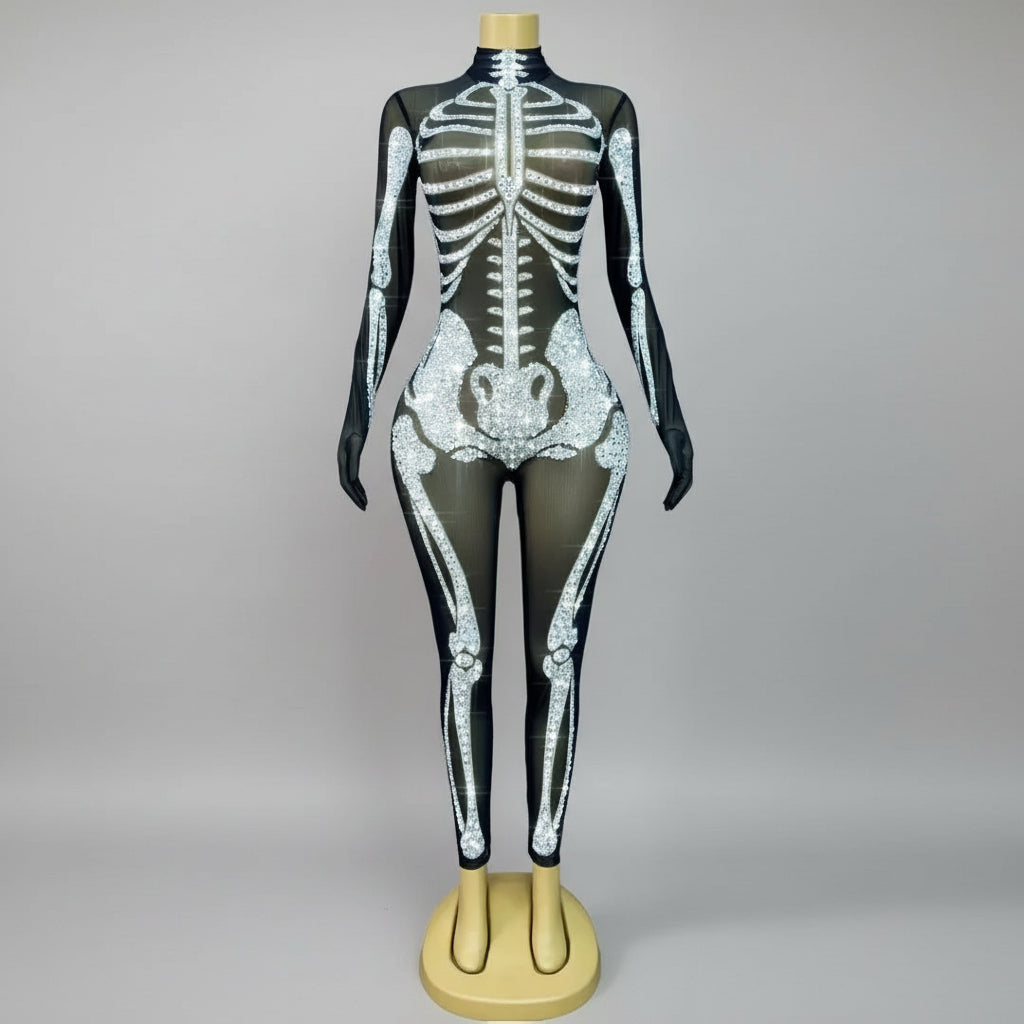 Skeleton Print Spandex Jumpsuit Drag Queen Performer Halloween Bodysuit