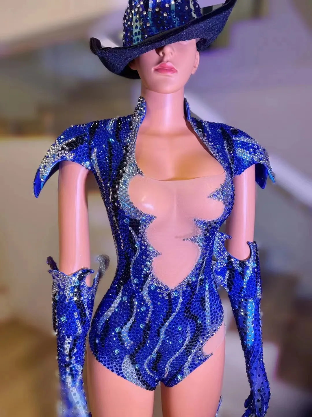 parkly Rhinestone Bodysuit Set Showgirl Stage Dance Costume with Gloves & Hat