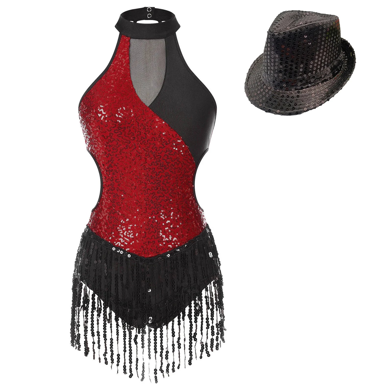 Sequined Fringe Latin Dance & Figure Skating Jumpsuit Leotard Set with Mesh Gloves