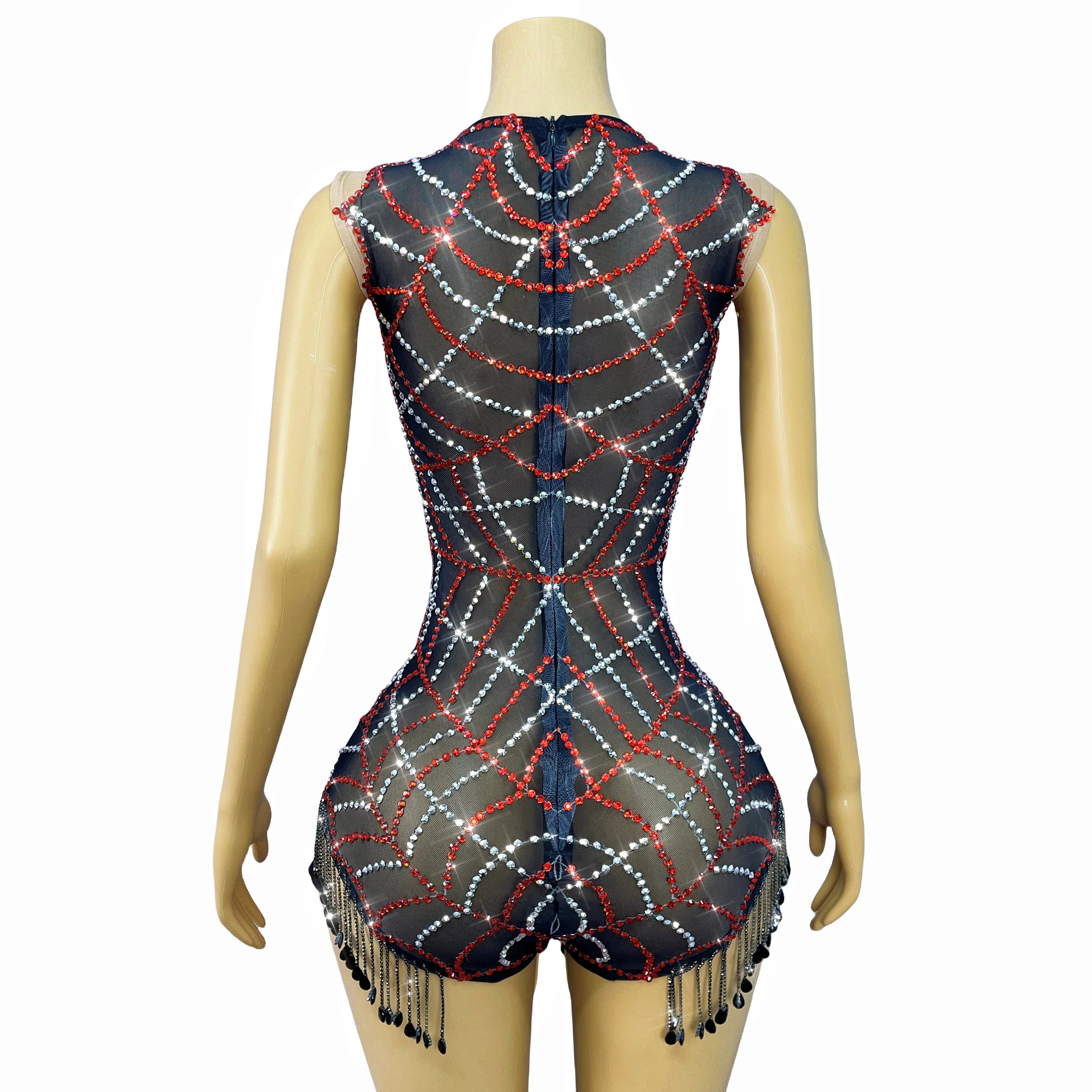 Spiderweb Rhinestone High-Cut Stage Bodysuit Halloween Dance Performance Leotard