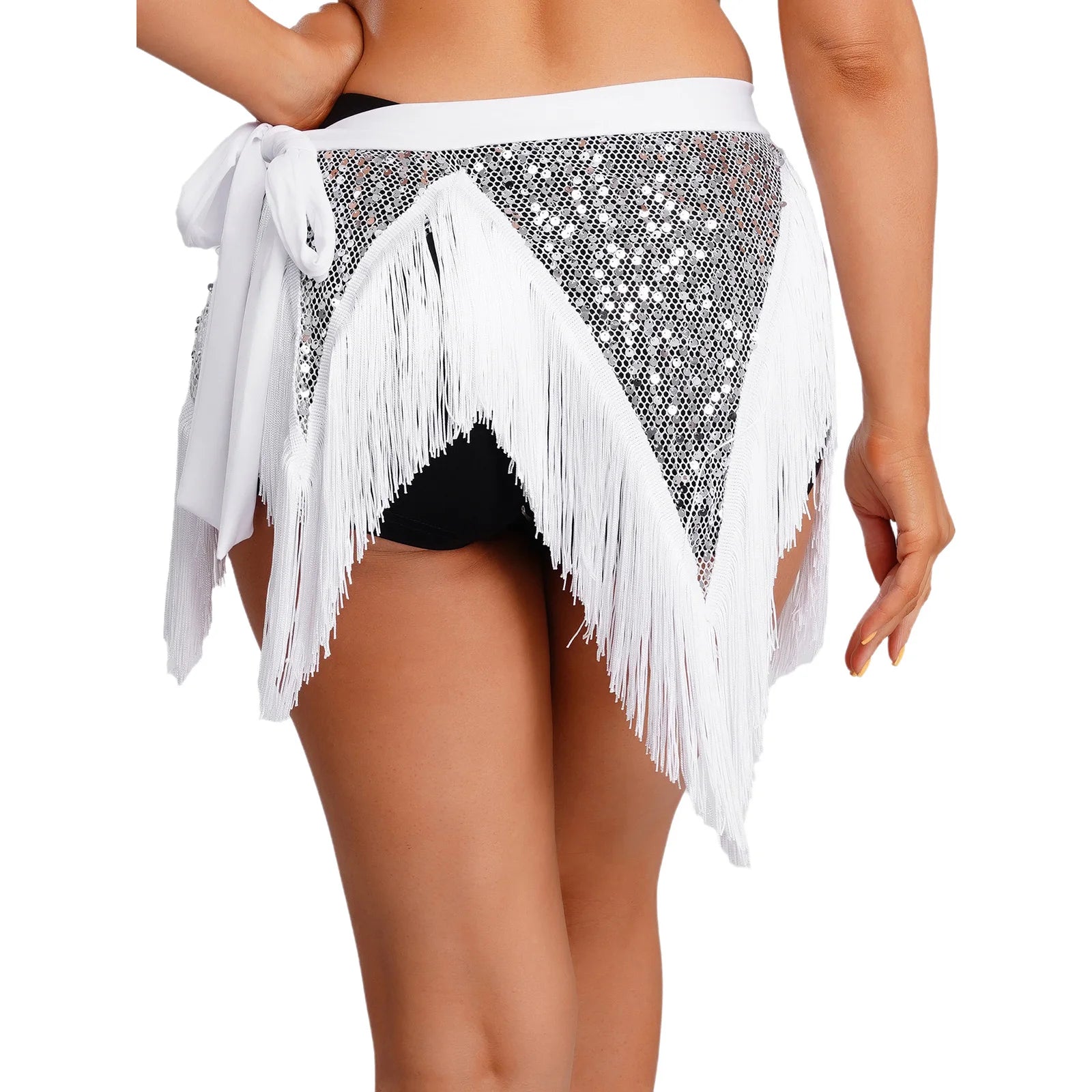 Glitter Sequin Fishnet Mesh Hip Scarf & Tassel Waist Wrap Belly Dance Skirt