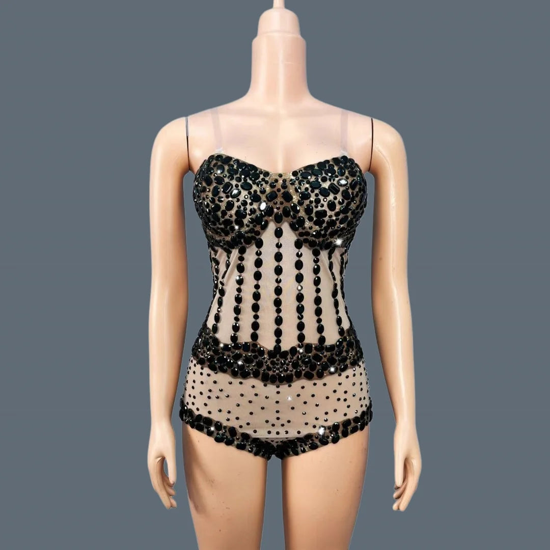 Sparkly Rhinestone Black Bodycon Sheer Mesh Bodysuit Nightclub Stage Outfit