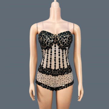 Sparkly Rhinestone Black Bodycon Sheer Mesh Bodysuit Nightclub Stage Outfit