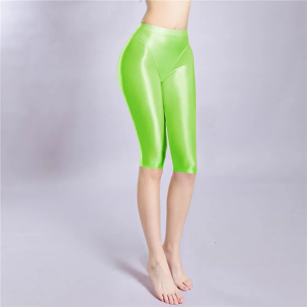 Women Shaping Short Stain Smooth Oil Glossy Shiny Elastic Shorts Sheer See Through Casual Plus Size Tight Yoga Short Maid Pant
