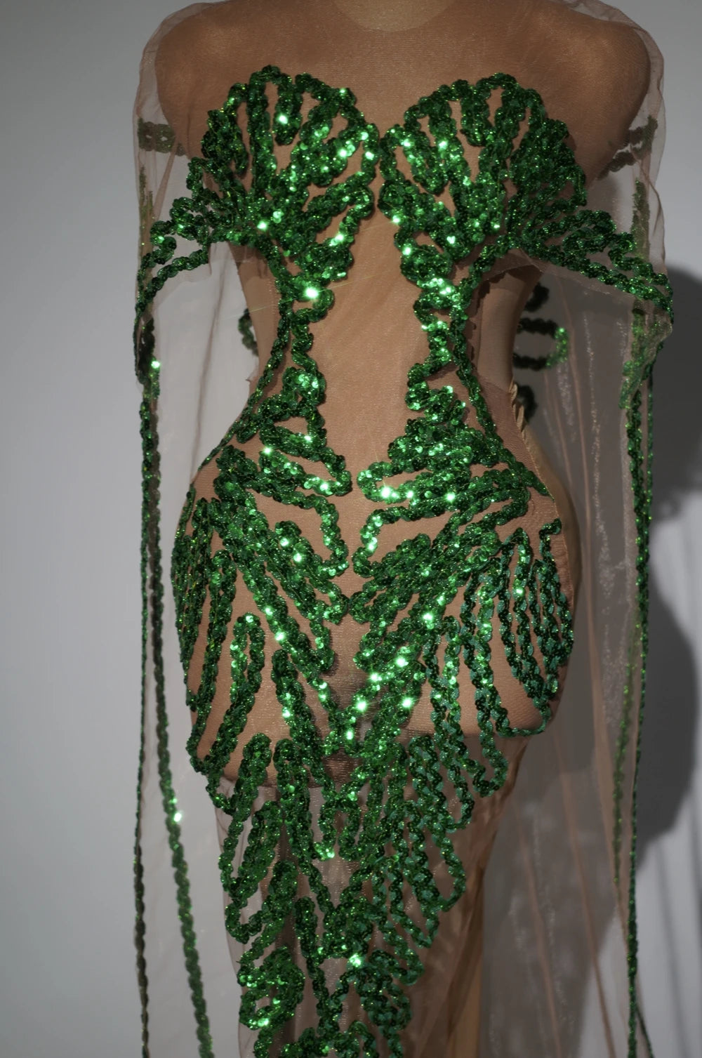 Sparkly Green Sequin Sheer Mesh Evening Gown with Cloak Stage Performance Costume