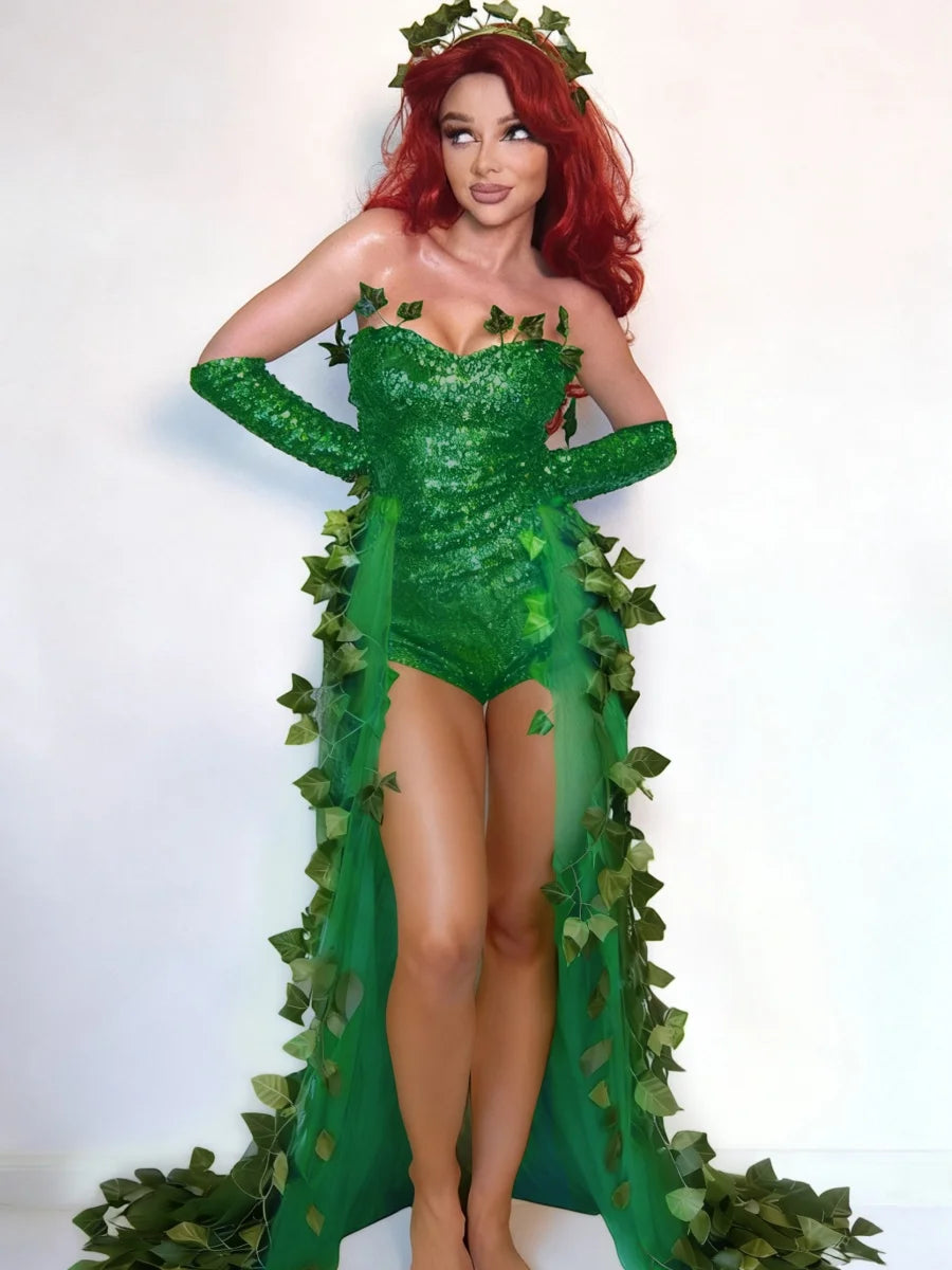 Emerald Ivy Leaf Sequin High-Low Gown & Gloves Sexy Botanical Villain Costume Set