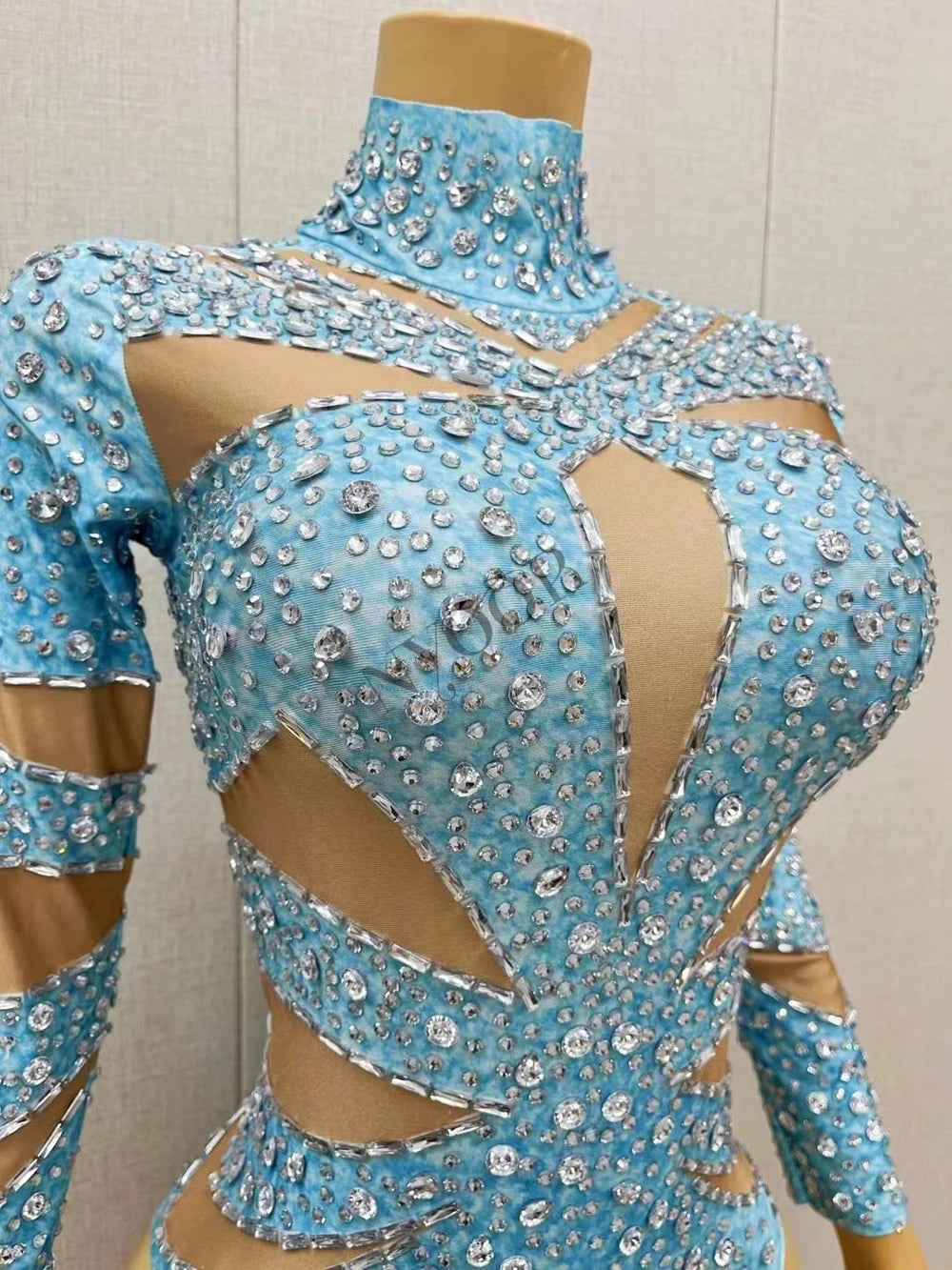 Sparkly Rhinestone Long Sleeve Cutout Bodysuit Stage Performance Dance Leotard