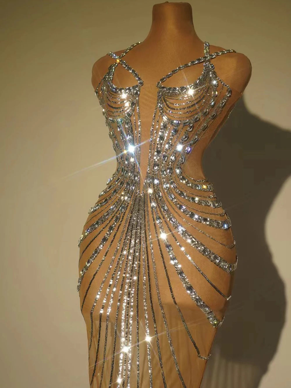 Sparkly Rhinestone & Sequin Sheer Illusion Long Dress Performance Costume