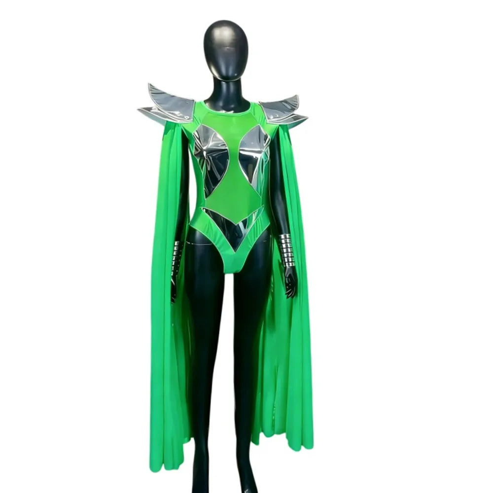 Futuristic Wing Shoulder Bodysuit & Trailing Cape Dance Performance Costume Set