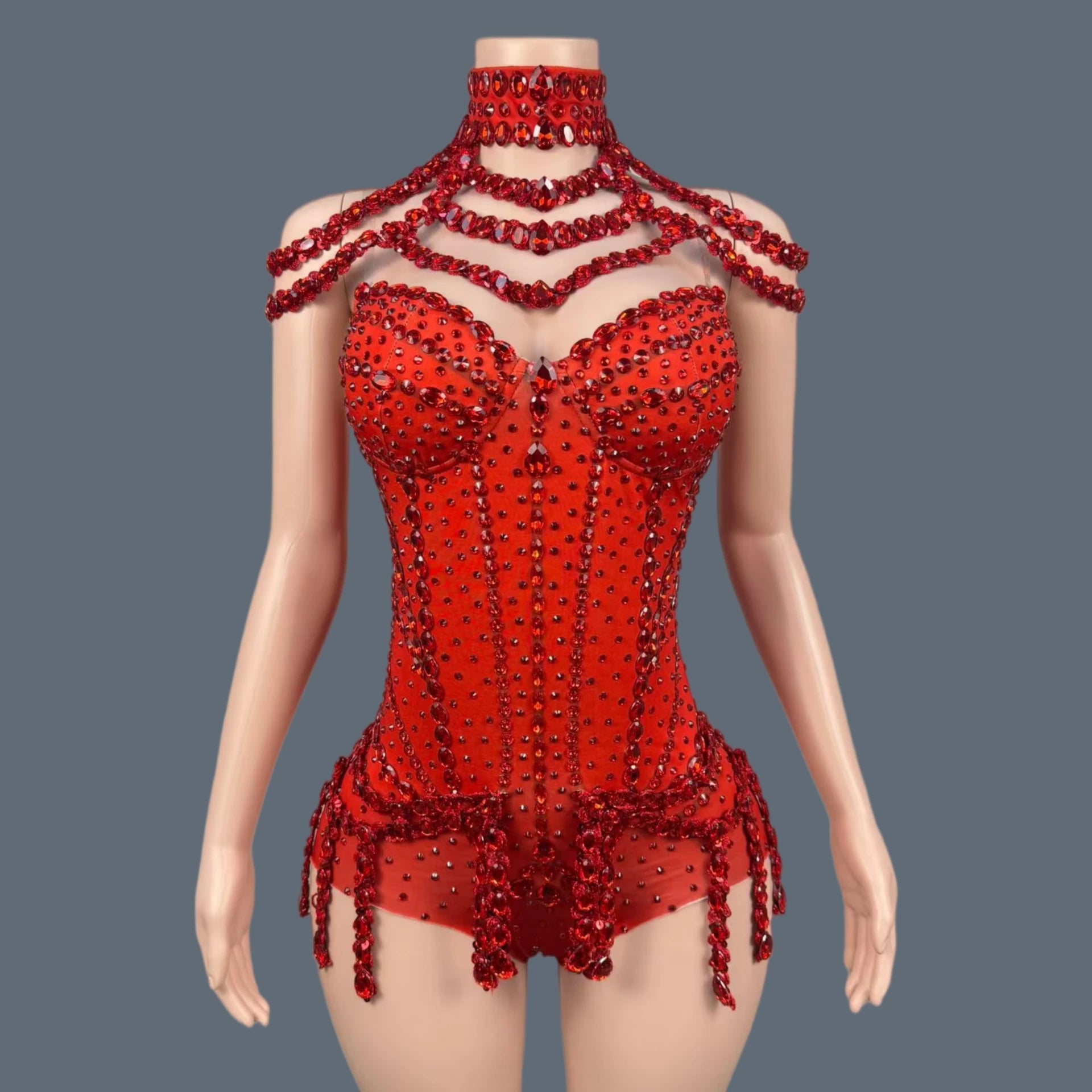 Sparkly Rhinestone Tassel Spandex Bodysuit Halter Dance Stage Costume Leotard