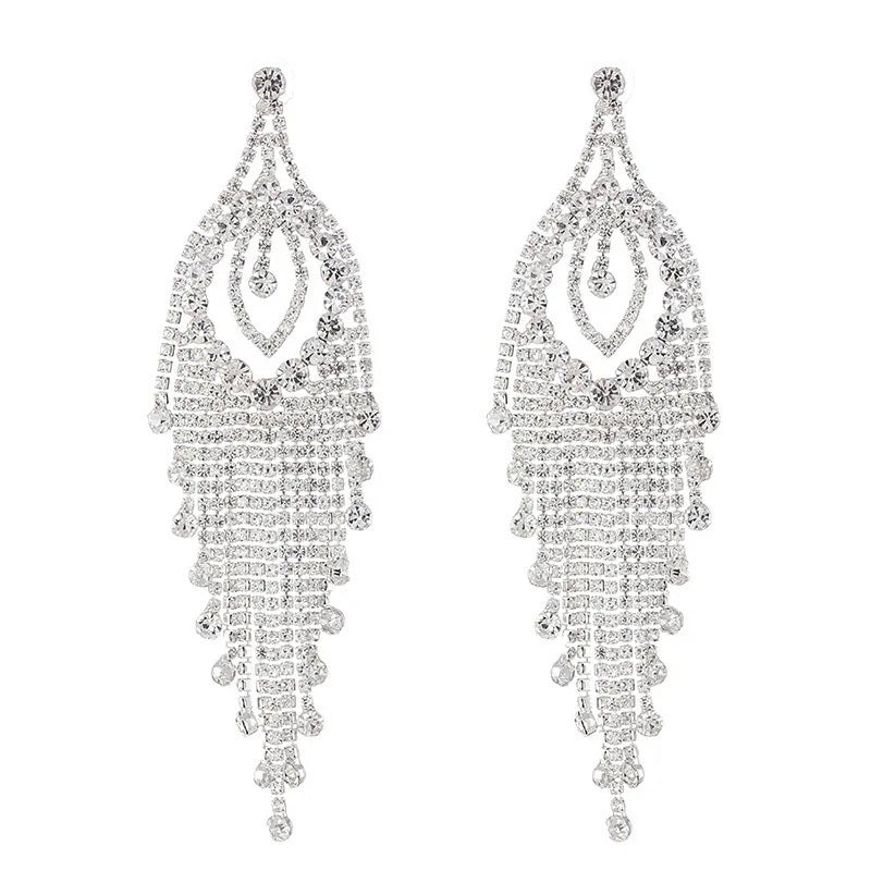 Teardrop Rhinestone Tassel Drop Earrings