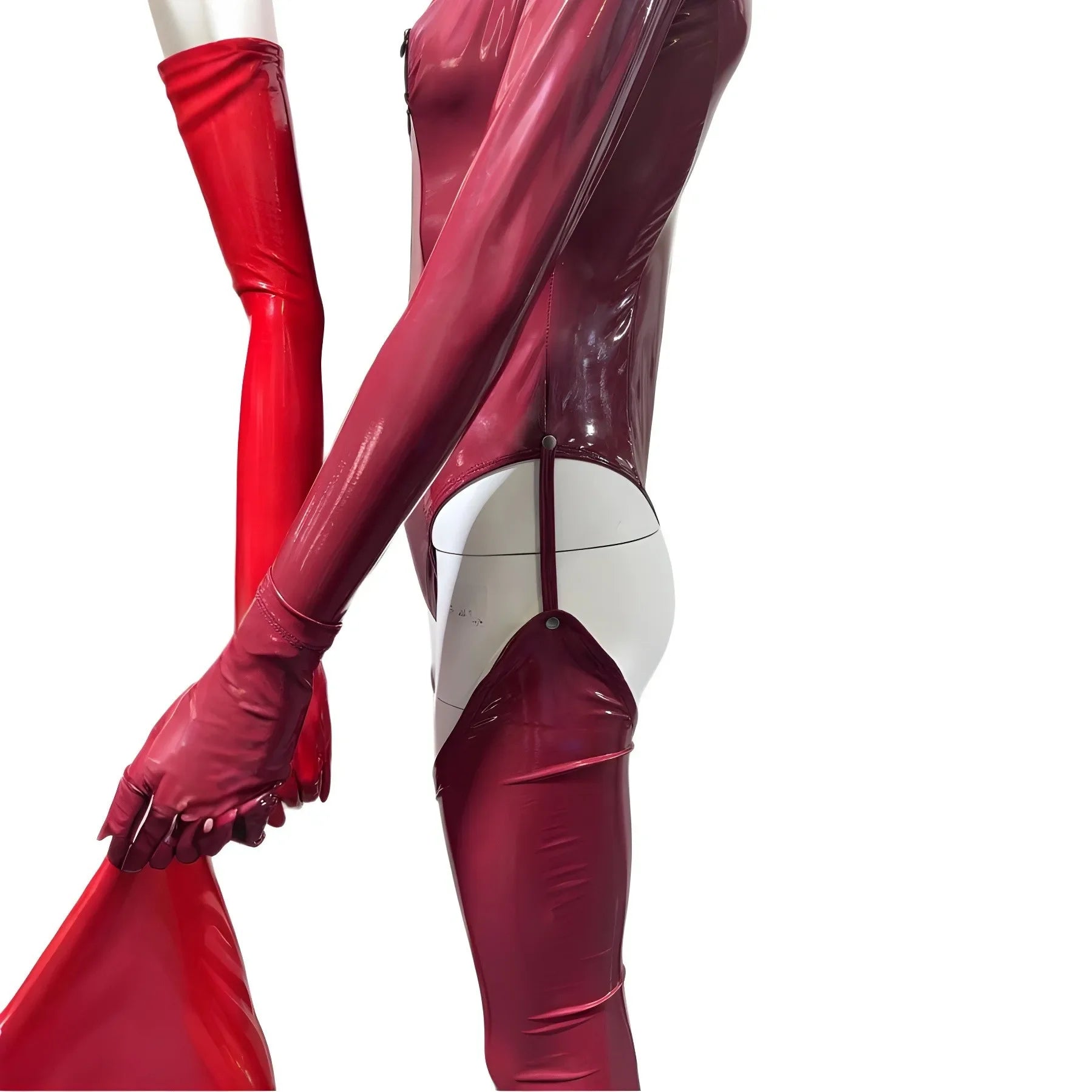 Faux Latex PU Leather Hollow-Out Breast Zipper Bodysuit & Stockings Set