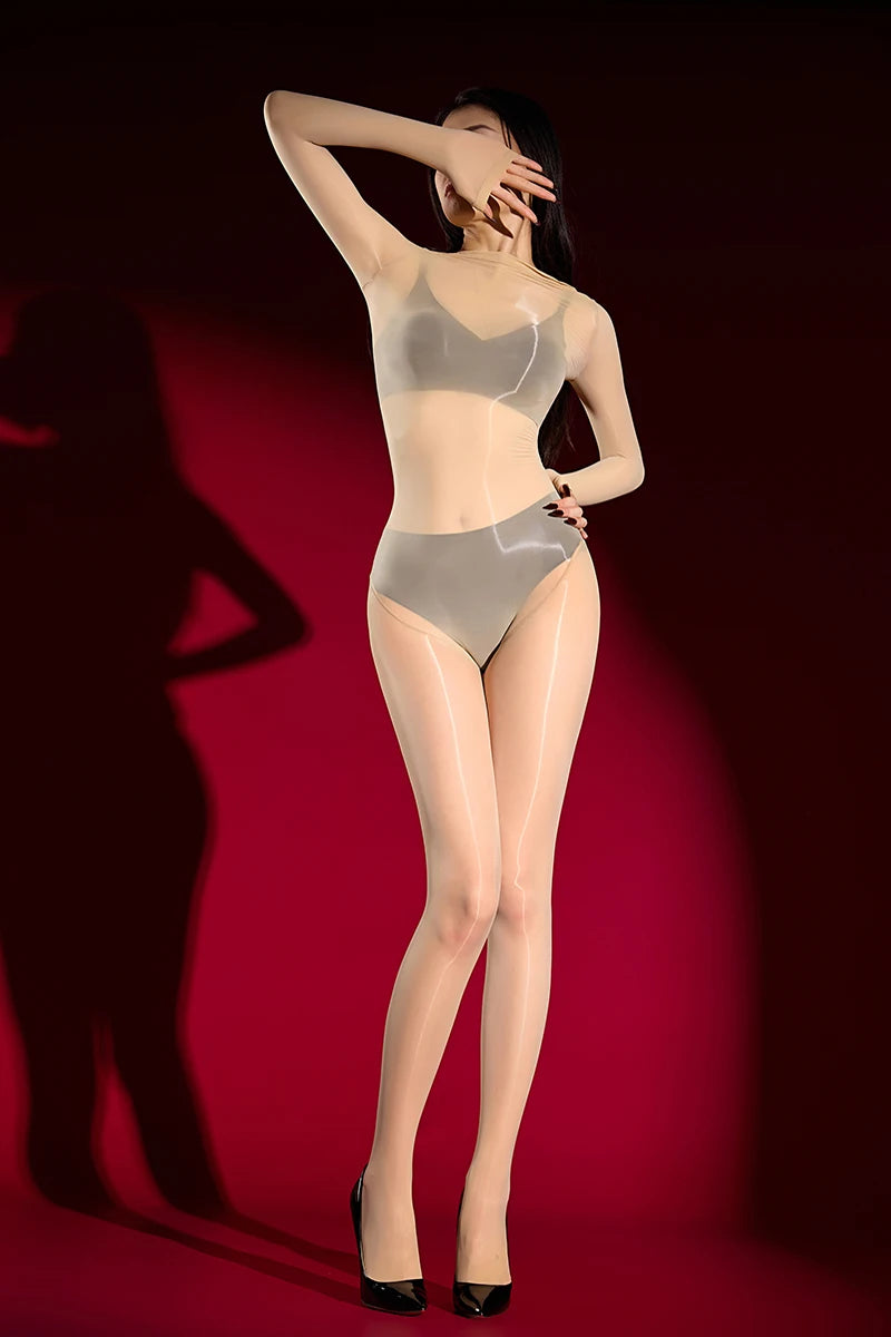 Women 3D 1000 Pin High Density Bodysuit Oil Glossy Shiny Elastic Tights Open Crotch Yoga Shaping Jumpsuit Maid Leotard Leggings