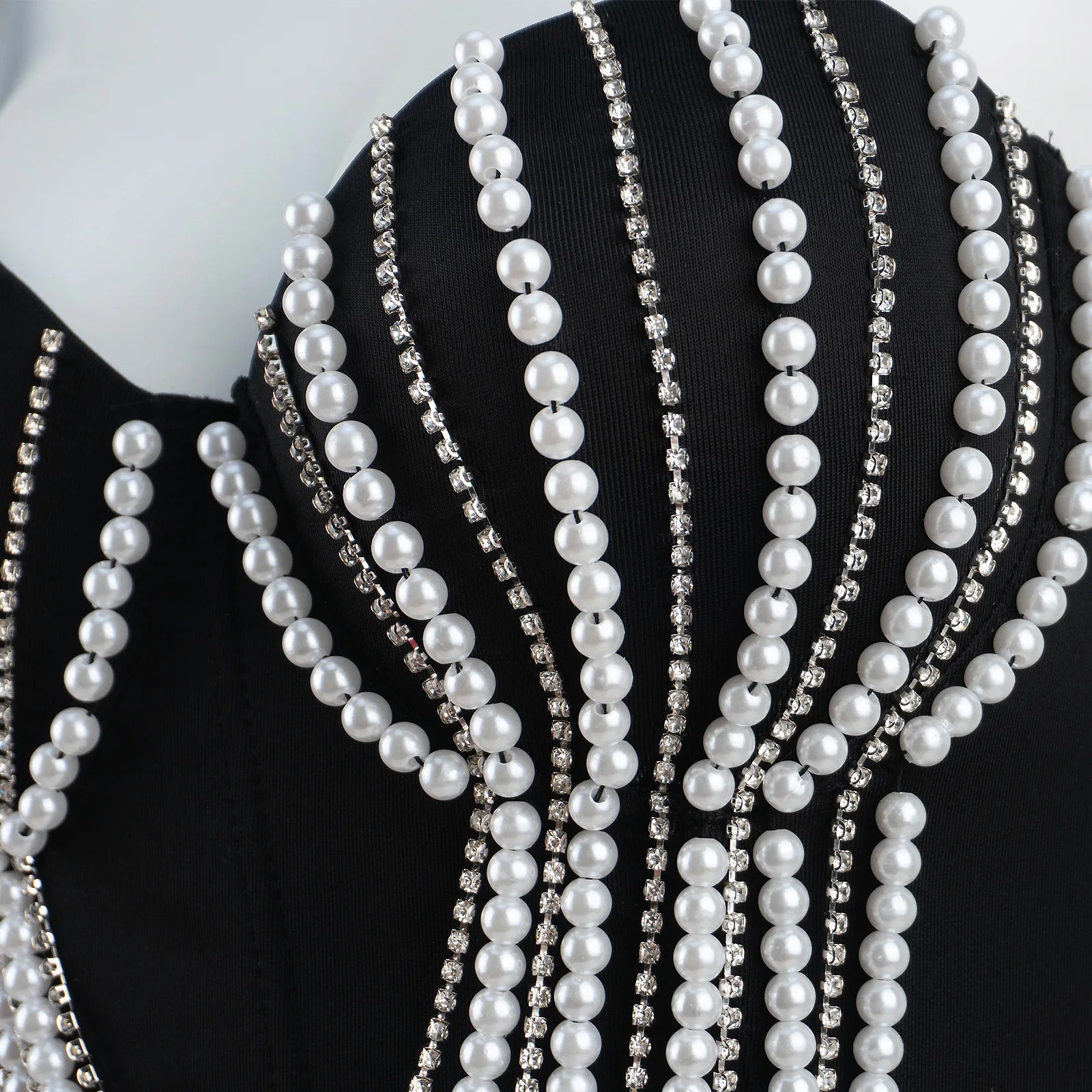 Pearl & Diamond Embroidery Chain Bustier Corset Crop Top Stage Party Bralette