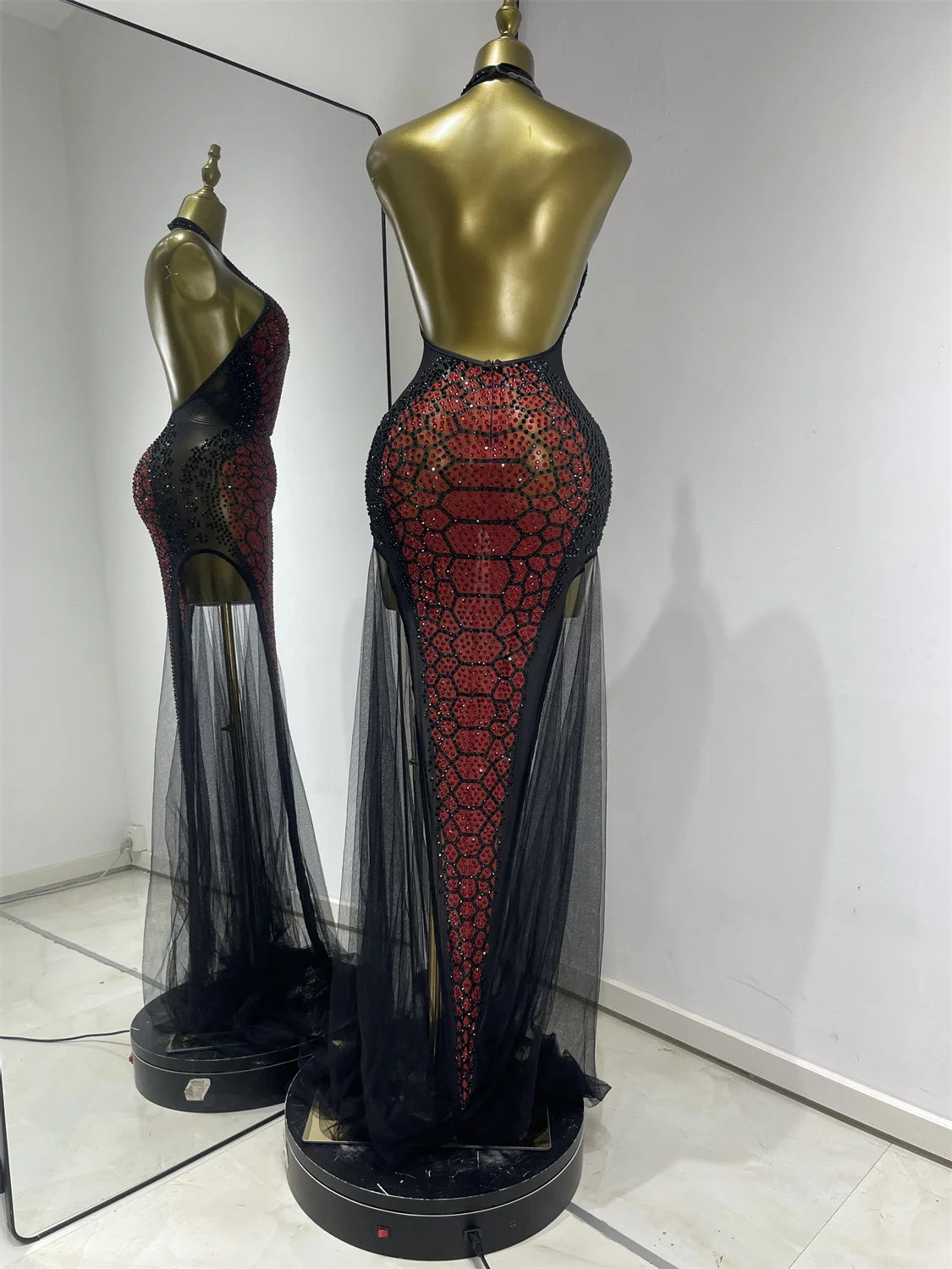 Claret Red Snakeskin Rhinestone Halter Gown Backless Mesh Illusion Evening Maxi Dress