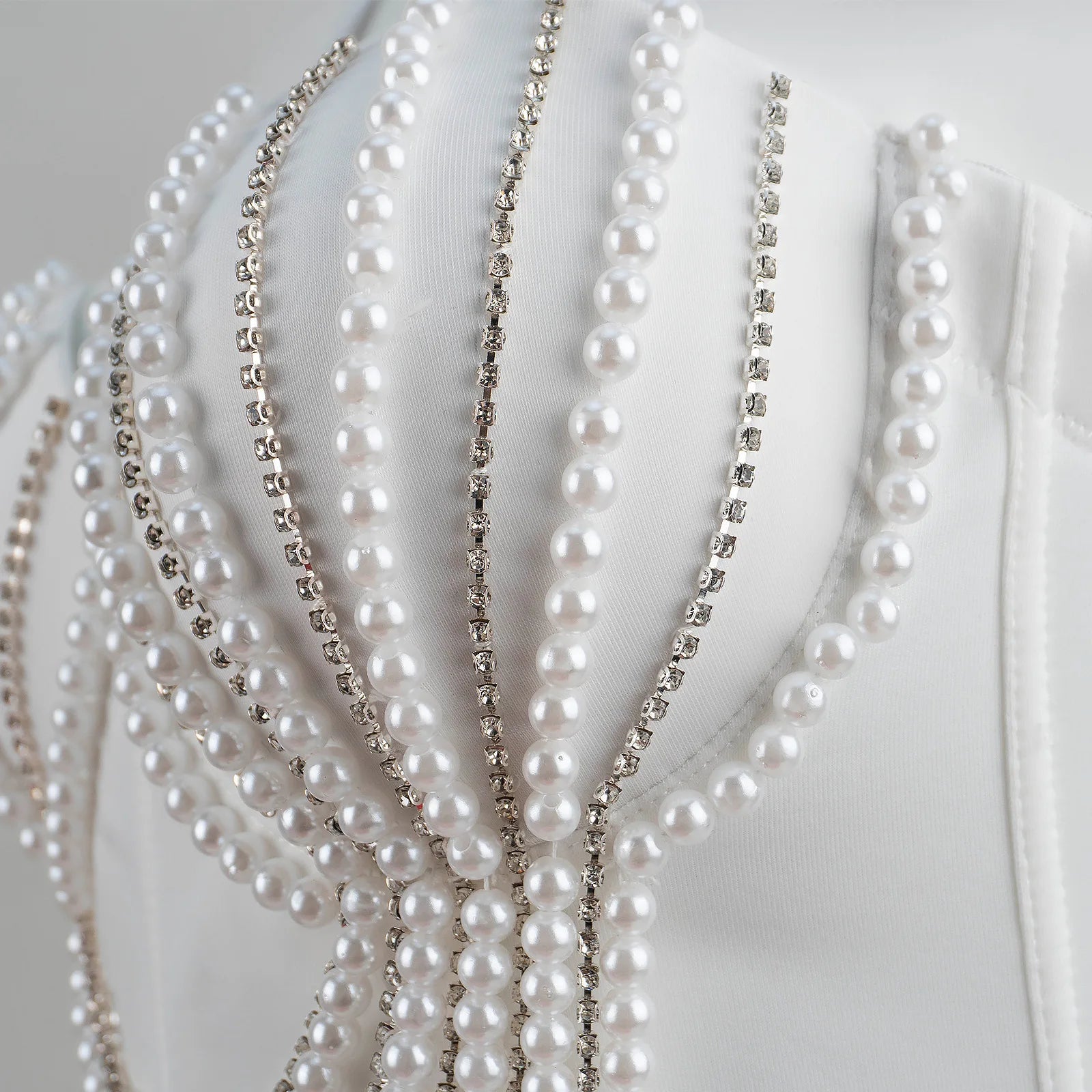 Pearl & Diamond Embroidery Chain Bustier Corset Crop Top Stage Party Bralette