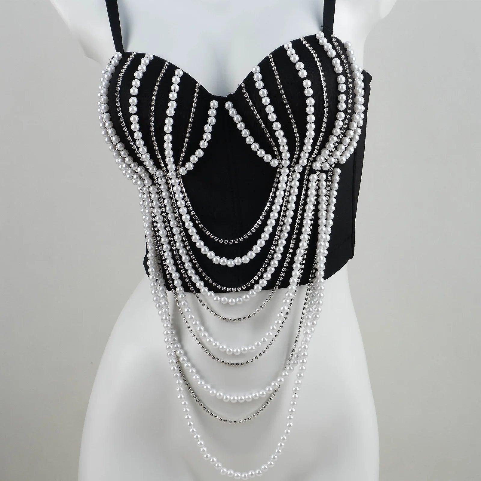 Pearl & Diamond Embroidery Chain Bustier Corset Crop Top Stage Party Bralette