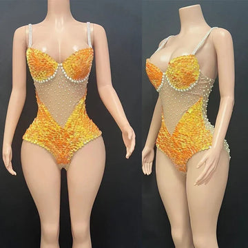 Orange Sequin & Pearl Performance Bodysuit