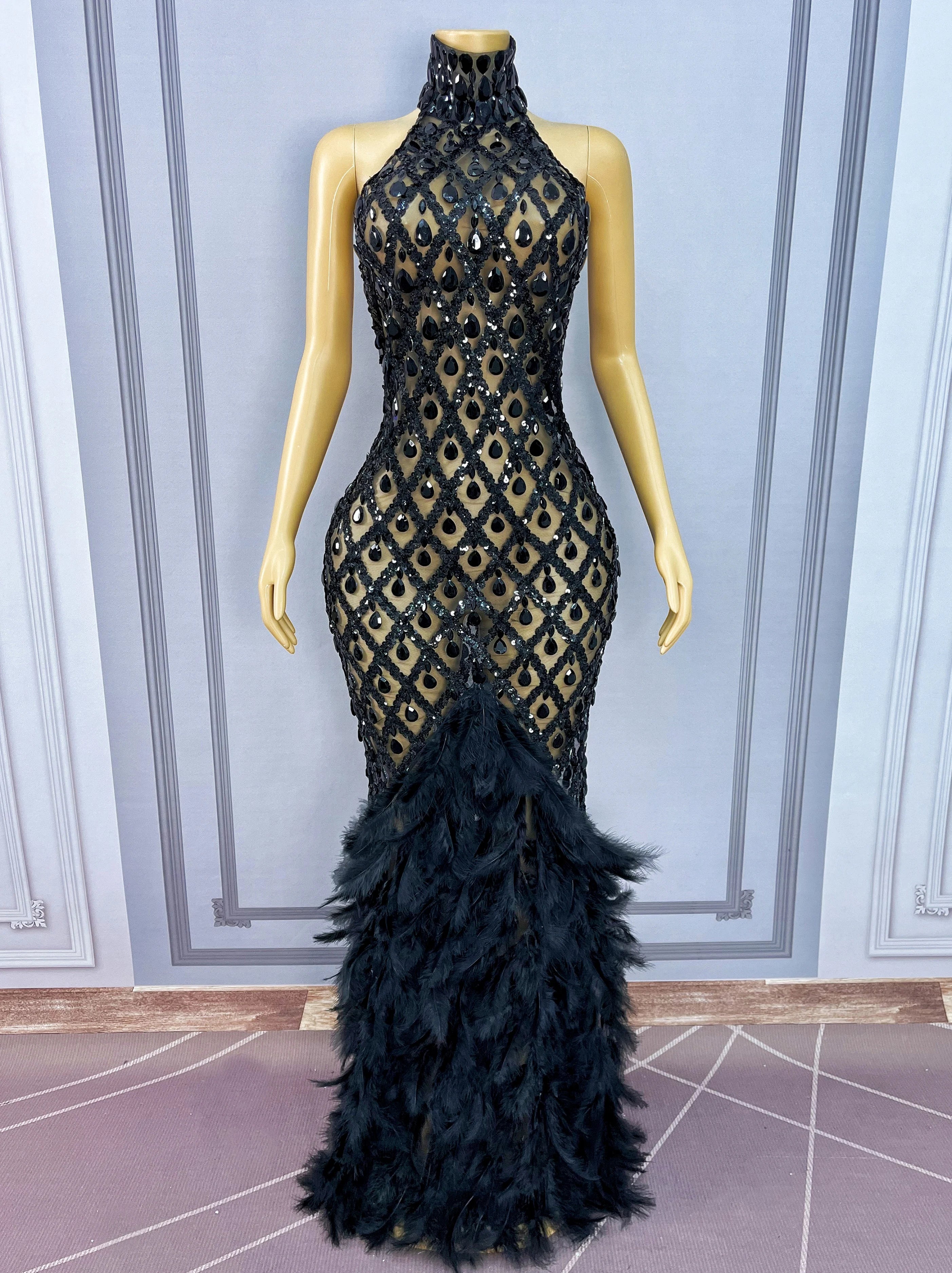 Sparkly Rhinestone Feather Sheer Mesh Evening Gown Stage Fashion Show Outfit