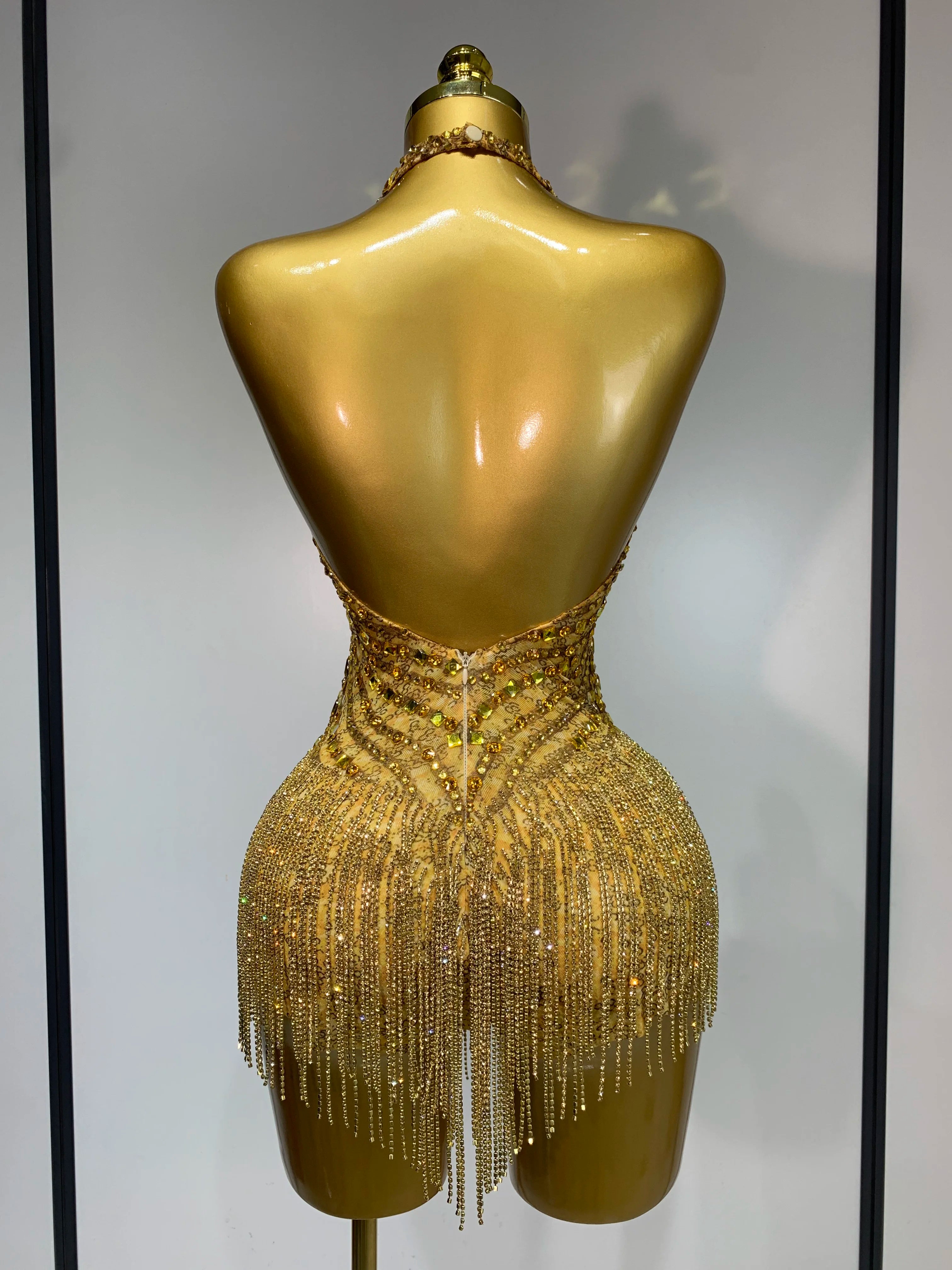 Gold Rhinestone Sheer Mesh Bodysuit Luxury Stage Performance Jumpsuit