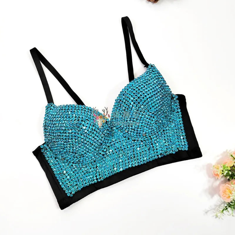 Colored Rhinestone Longline Costume Bra