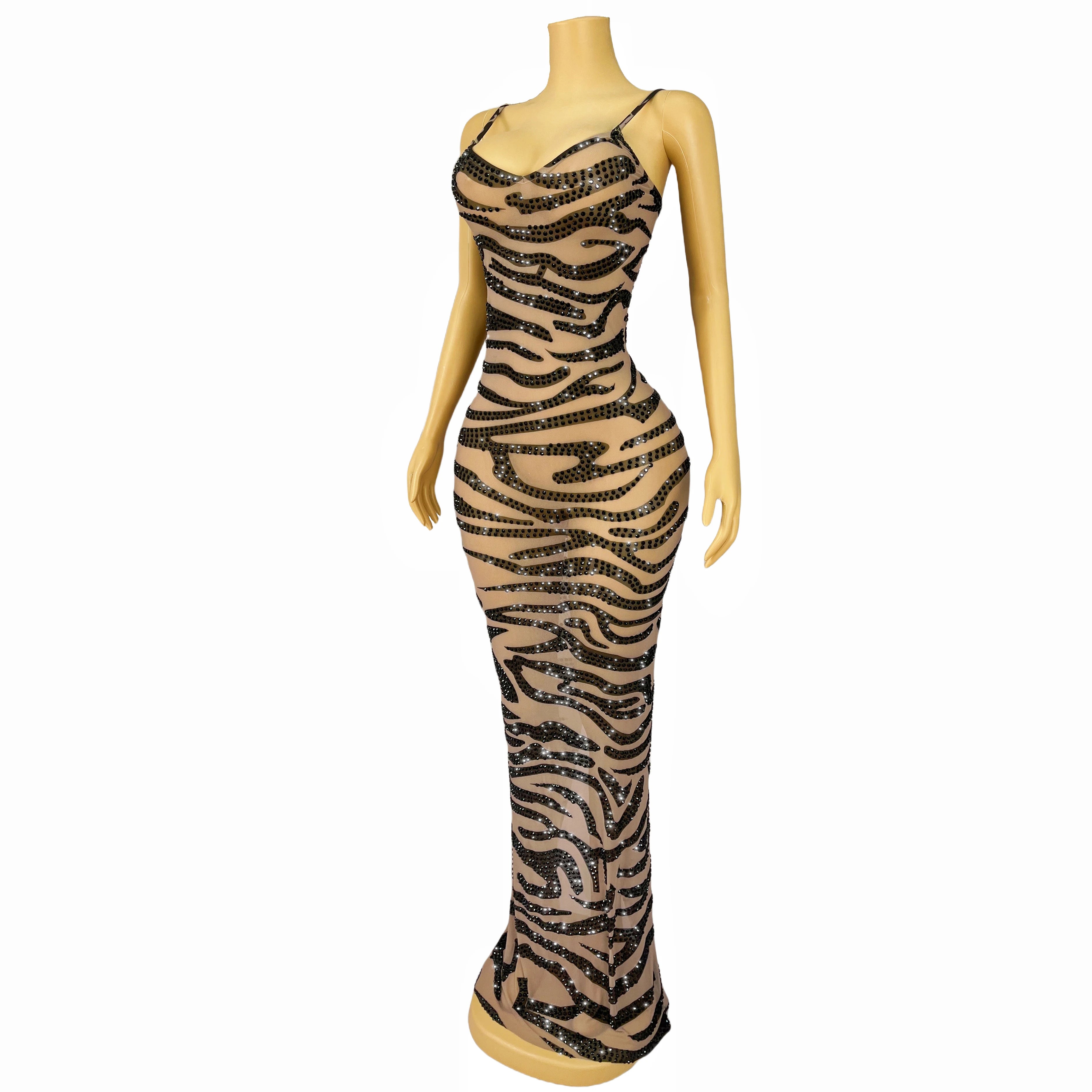 Leopard Print Sparkly Rhinestone Mesh Evening Gown Red Carpet Stage Dress