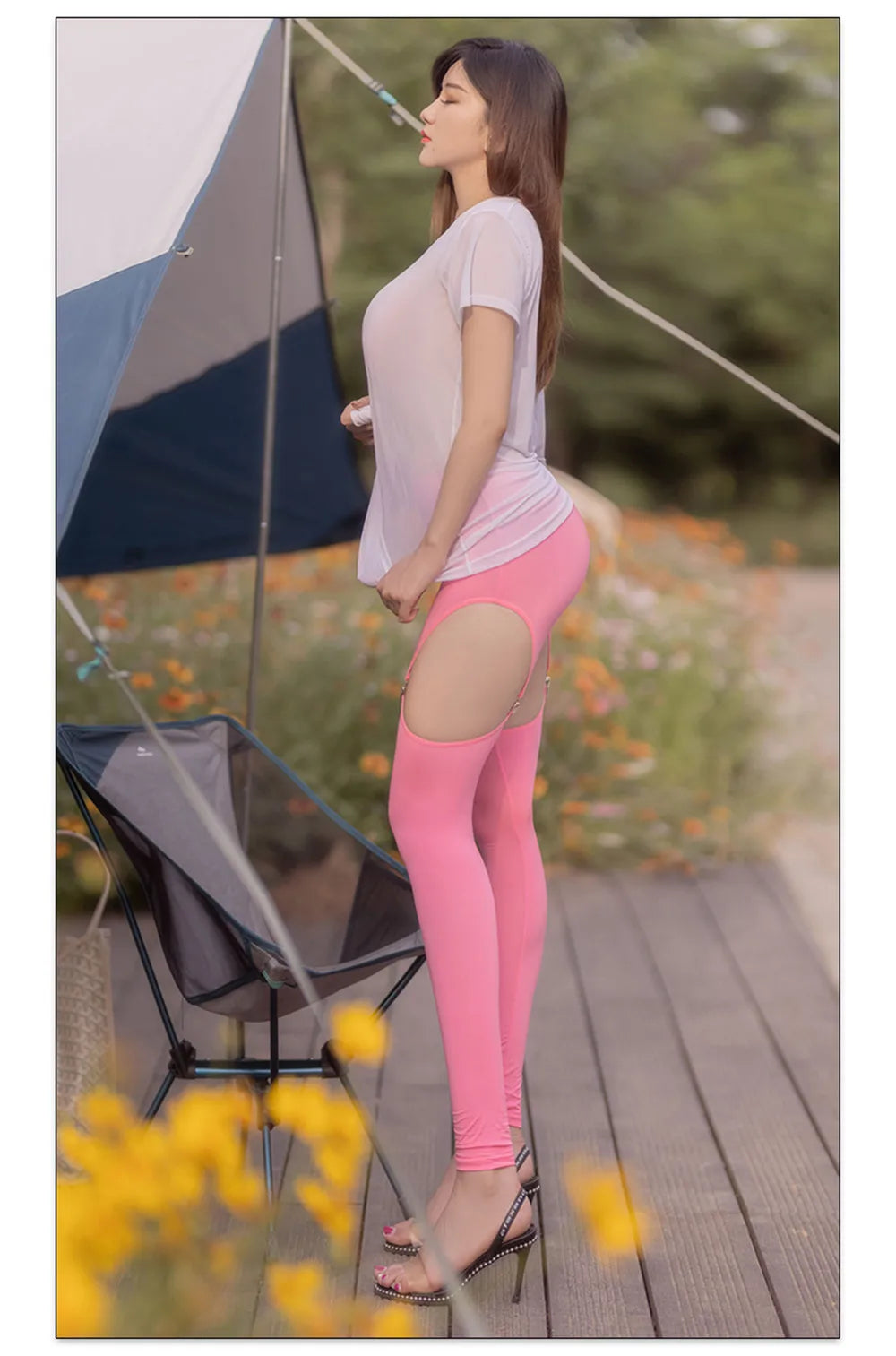 Sexy Hollow Out Buckle Shaper Tight Pencil Pants Elastic Low Waist Pants Streetwear See Through Oil Shiny Leggings With Garter B